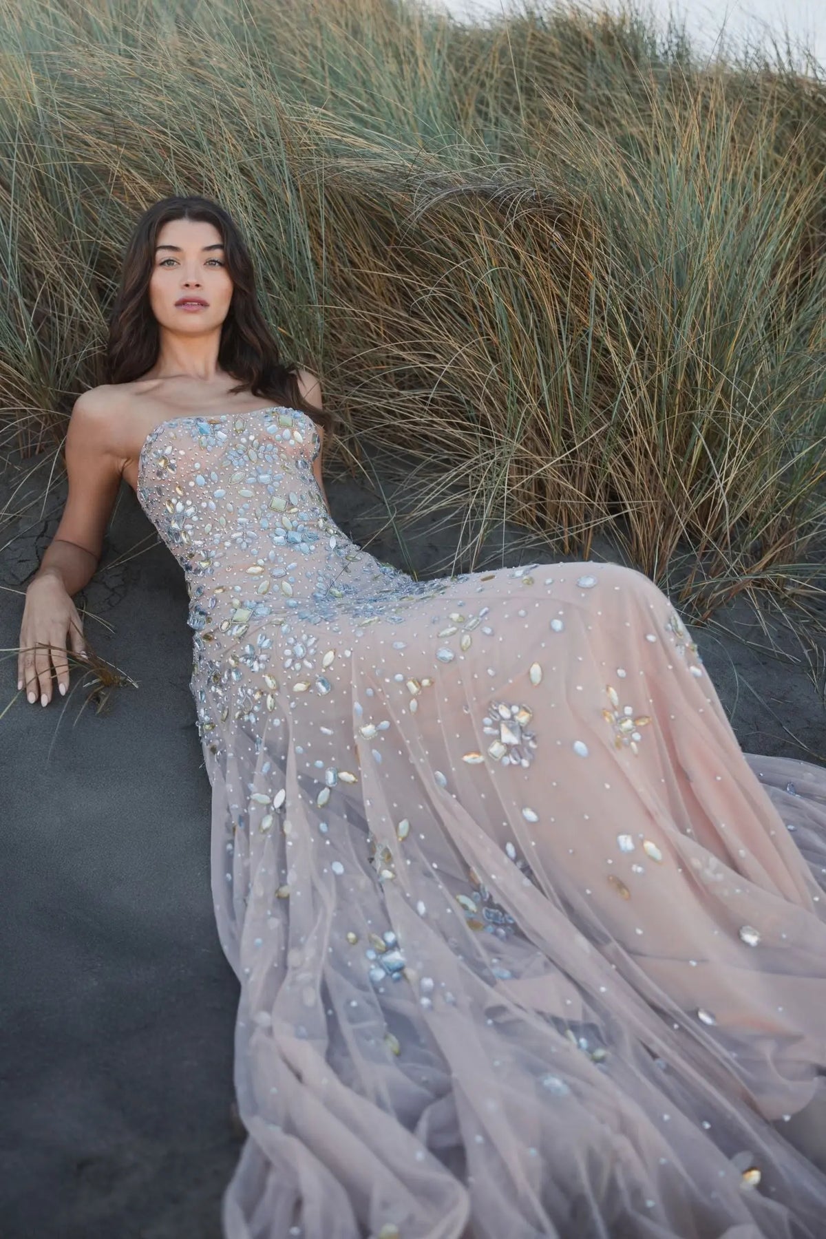 Pink Strapless Sweetheart Embellished Net Gown - Light Rose