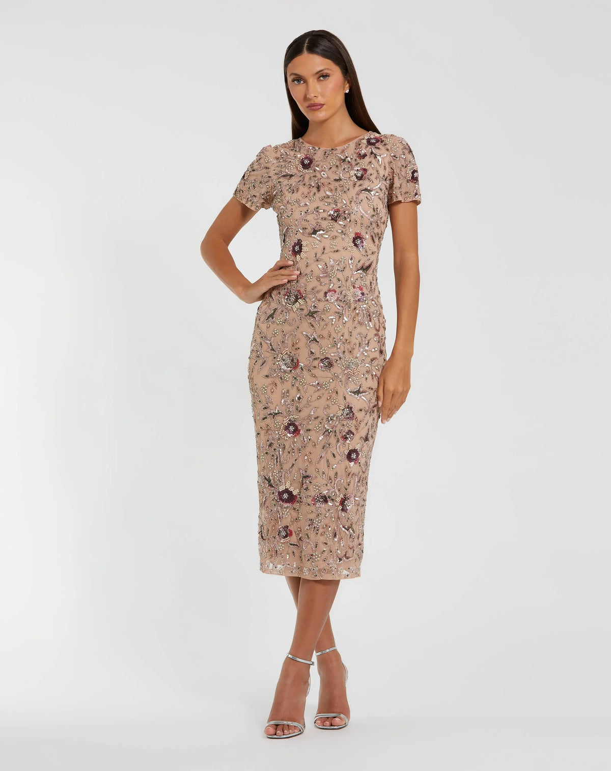 Mac Duggal 10102 Mocha floral embellished short sleeve midi dress - Front