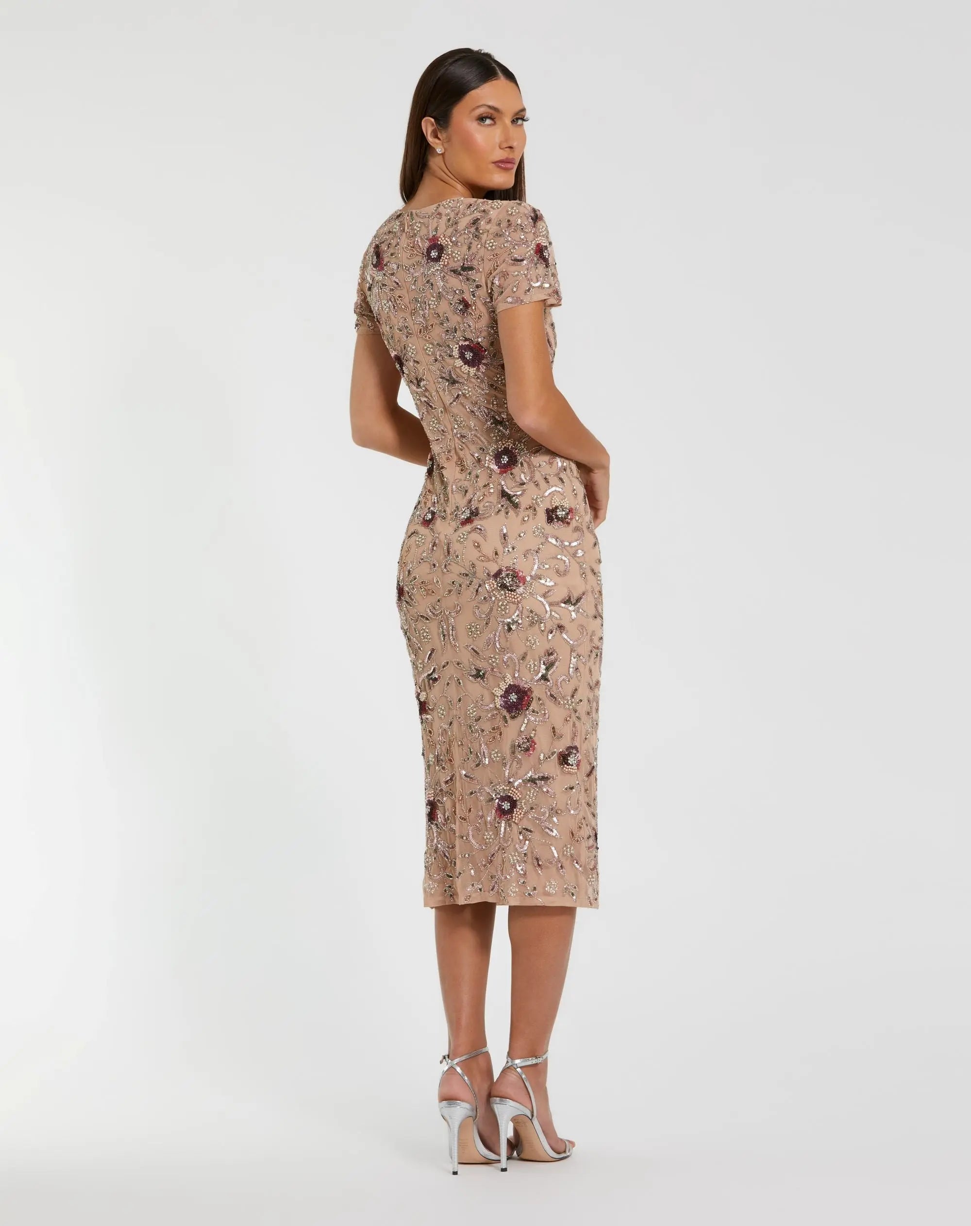 Mac Duggal 10102 Mocha floral embellished short sleeve midi dress - Back view