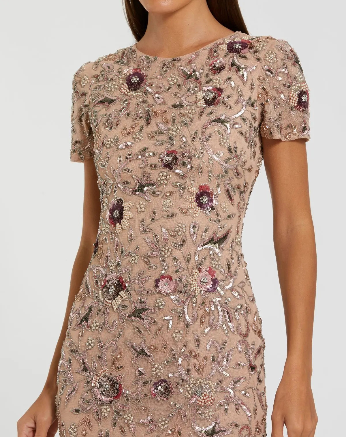 Mac Duggal 10102 Mocha floral embellished short sleeve midi dress - Close up detail