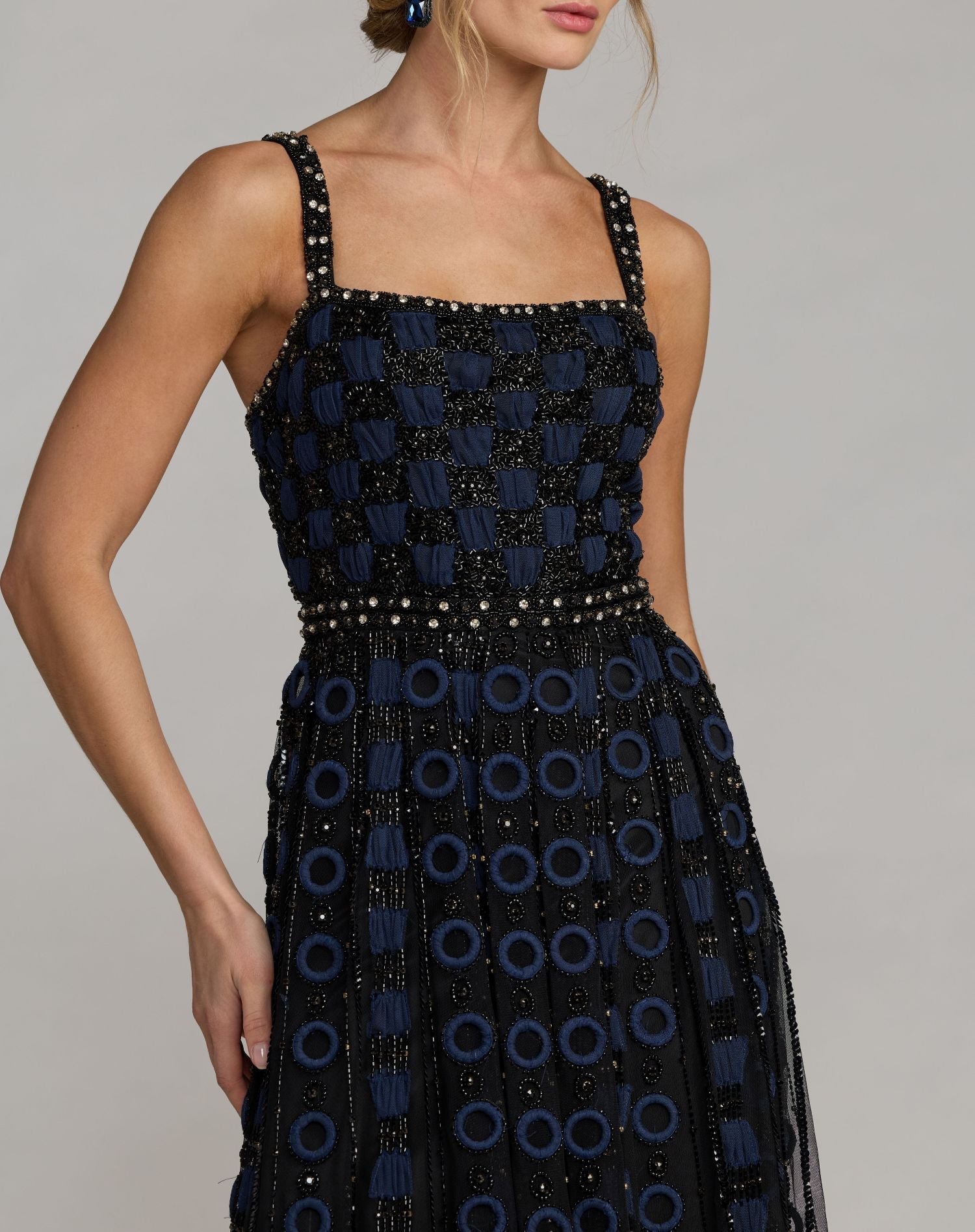 Black and Navy Sleeveless Embellished A-line Gown