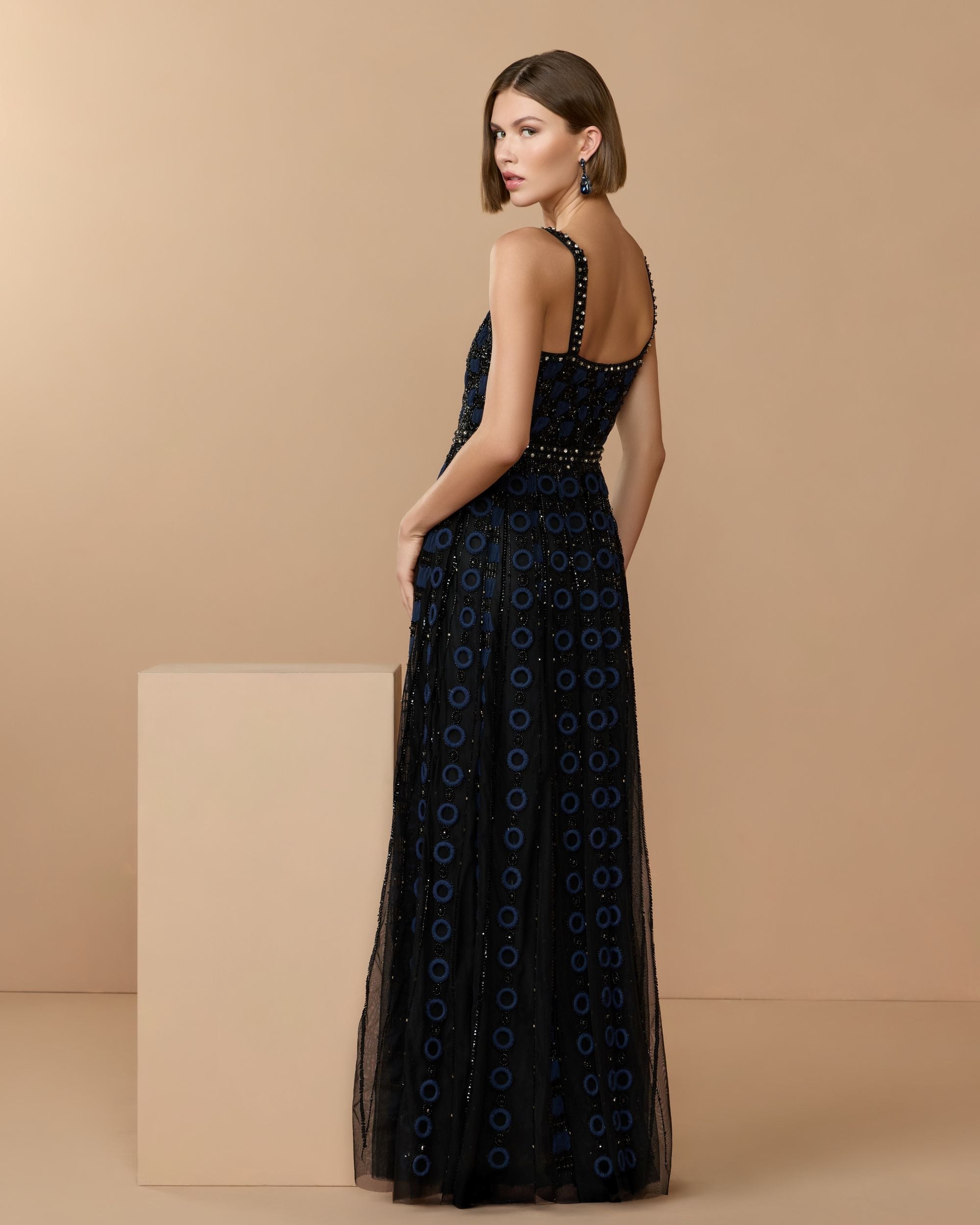 Black and Navy Sleeveless Embellished A-line Gown