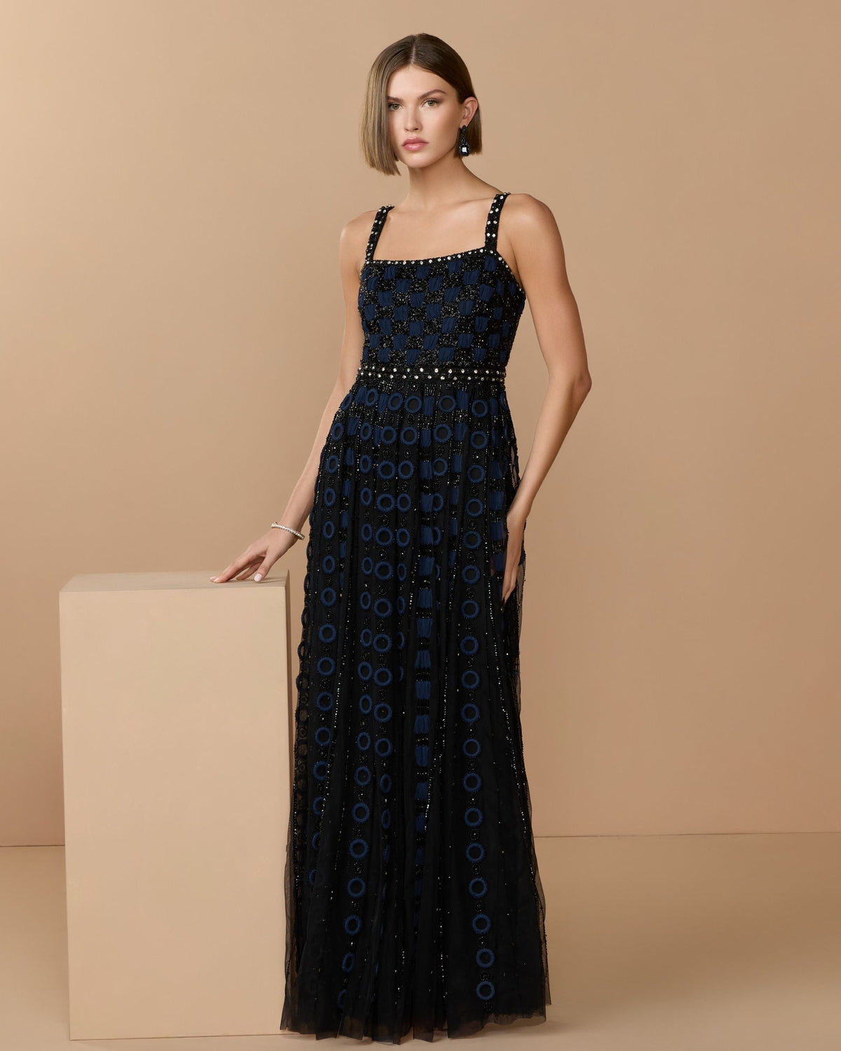 Black and navy sleeveless embellished A-line gown