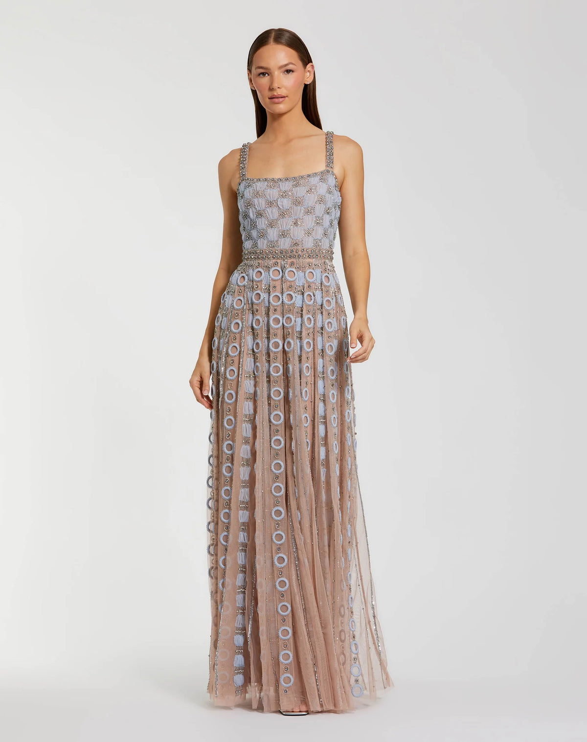 Mac Duggal Multicolor Sleeveless Mesh Embellished A Line Gown Powder Blue #10106