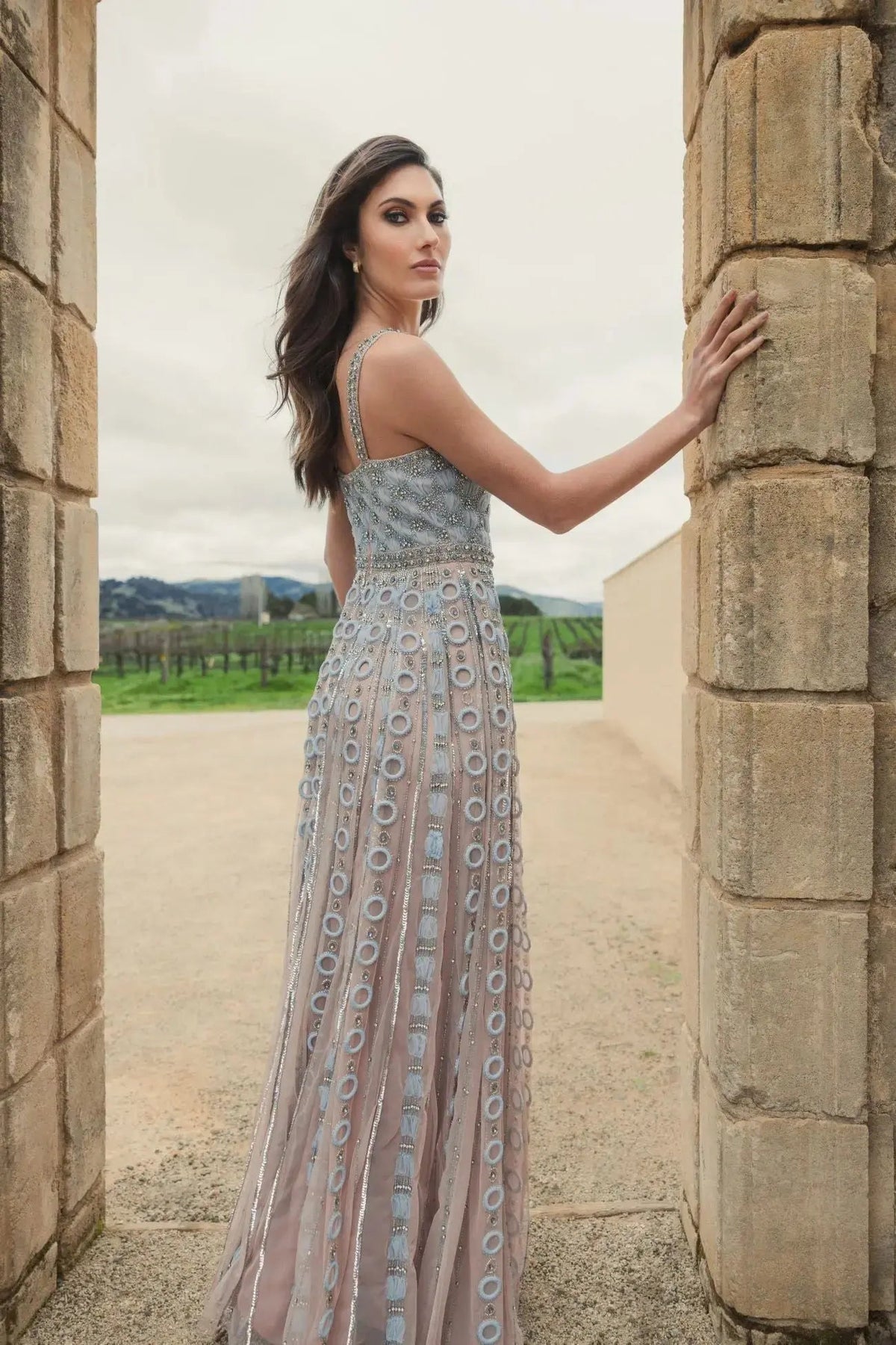 Mac Duggal #10106 powder blue sleeveless embellished A-line gown lifestyle back