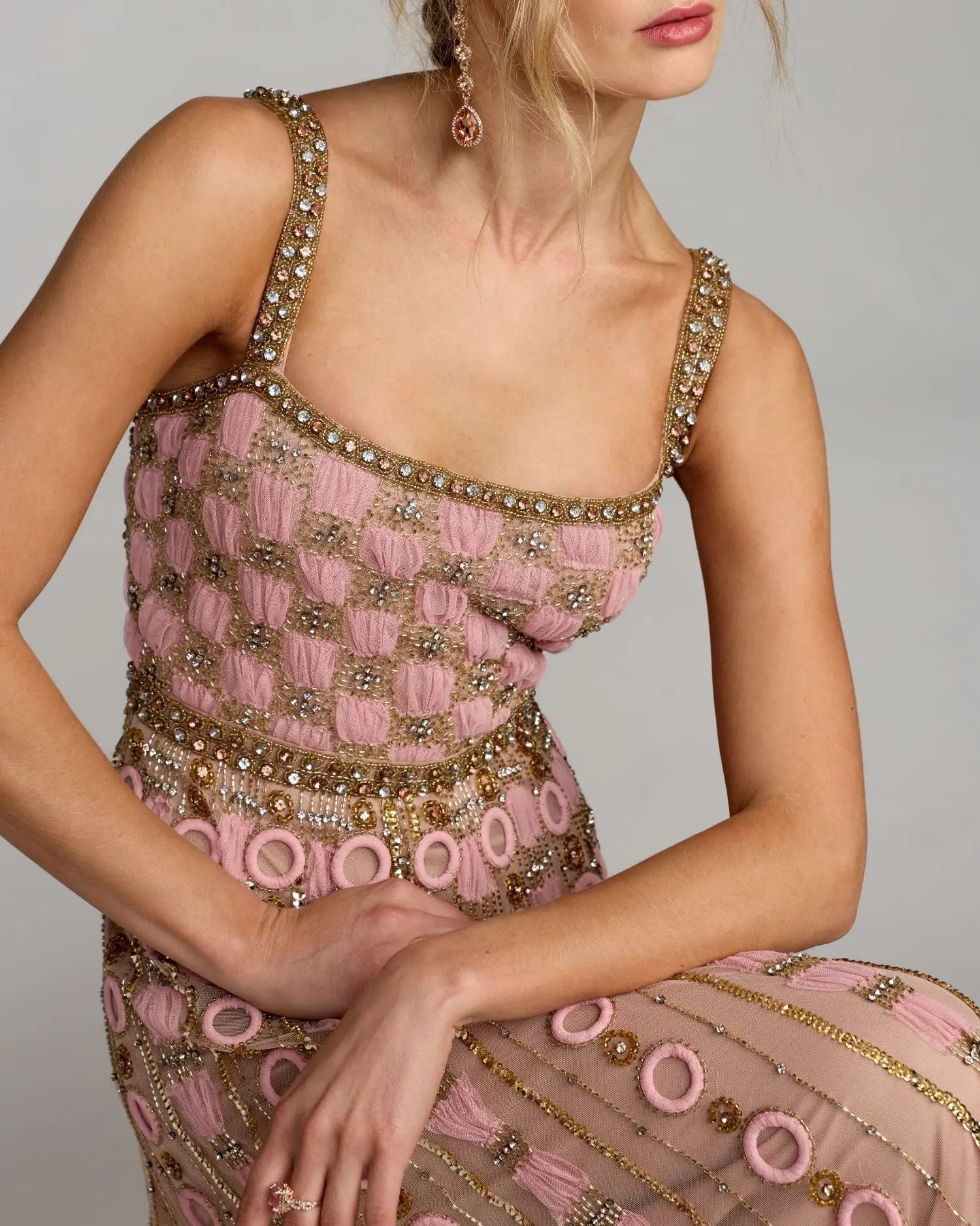 Rose embellished gown close up