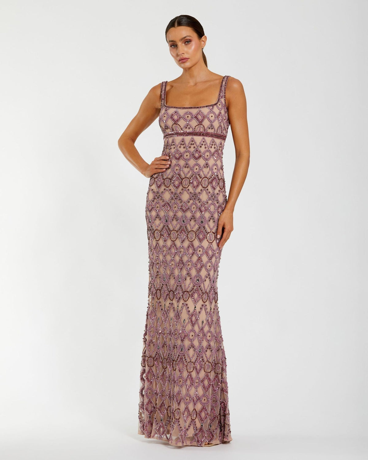 Full length front view of Mac Duggal 10108 Art Deco beaded column gown in orchid