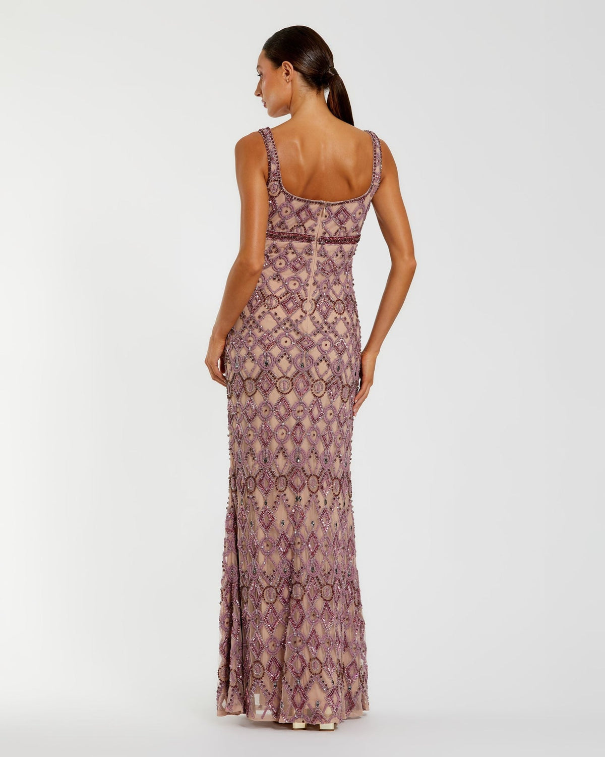 Back view of Mac Duggal 10108 orchid column gown with concealed zipper