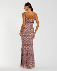 Back view of Mac Duggal 10108 orchid column gown with concealed zipper