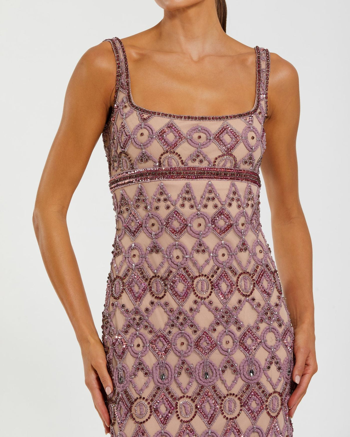 Close-up detail of Art Deco-inspired bead and sequin embellishments on Mac Duggal 10108 orchid gown
