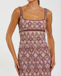 Close-up detail of Art Deco-inspired bead and sequin embellishments on Mac Duggal 10108 orchid gown