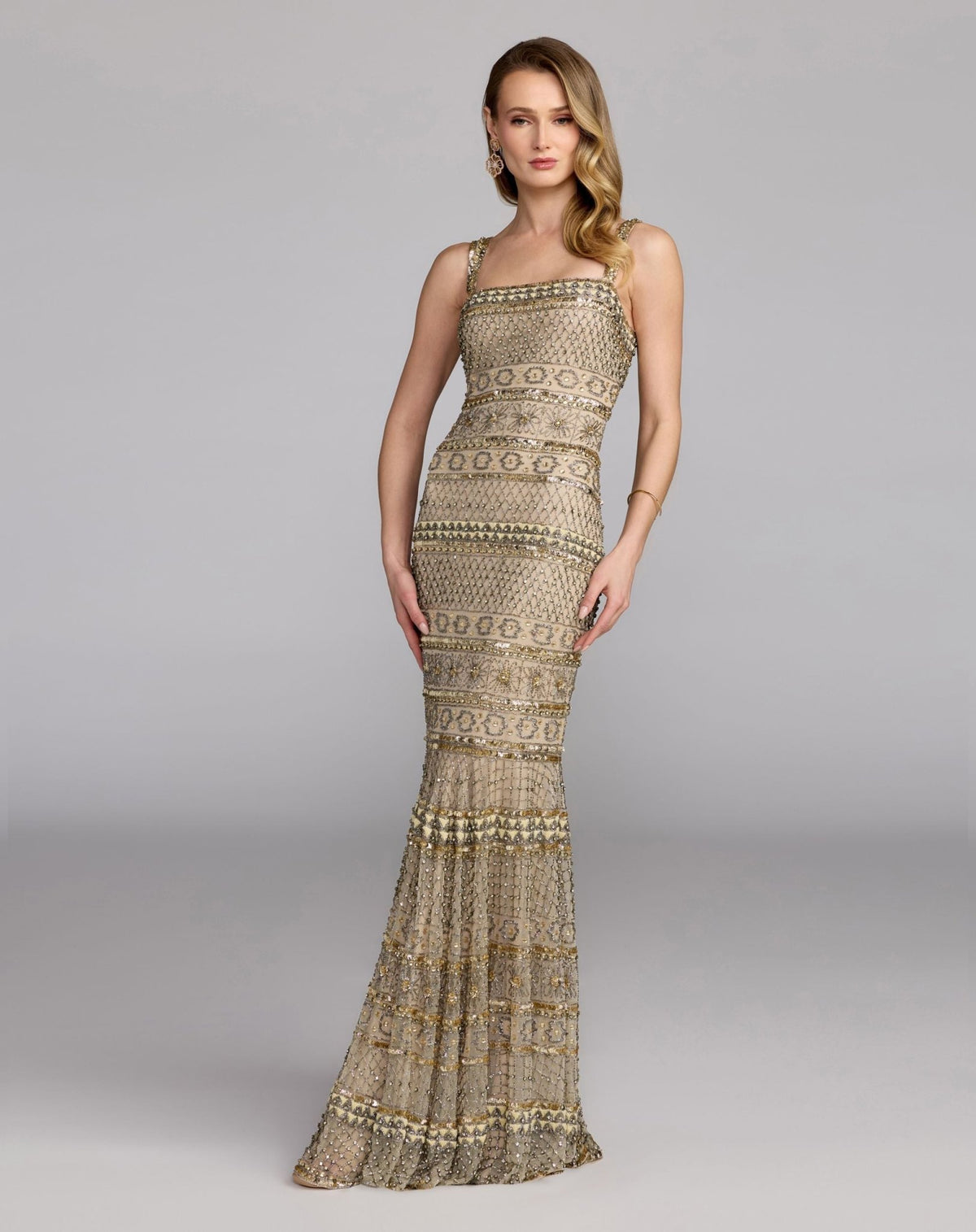 Sleeveless Square Neck Beaded Gown