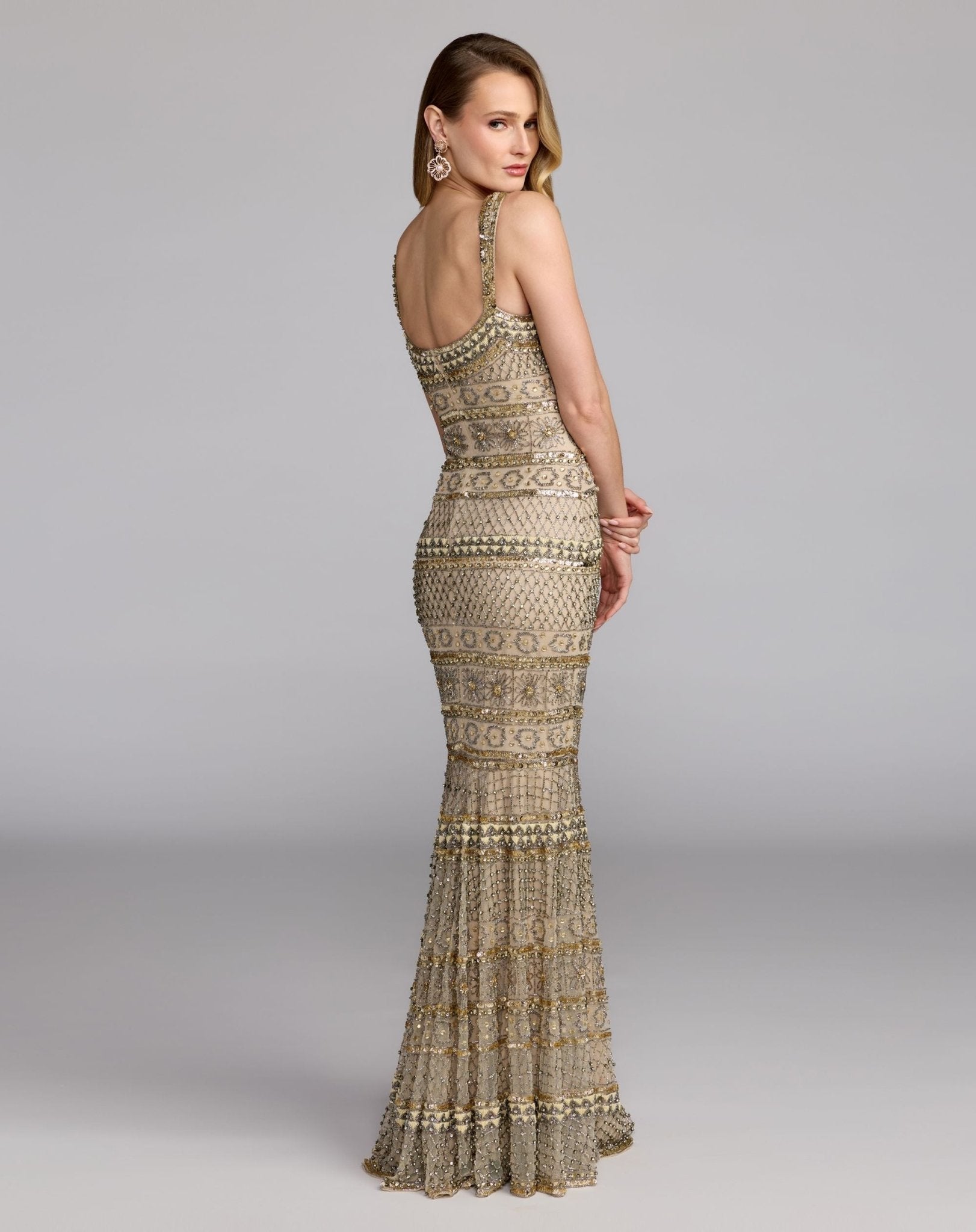 Sleeveless Square Neck Beaded Gown