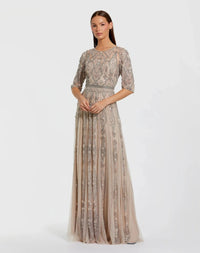 3/4 Sleeve Embellished A-Line Gown