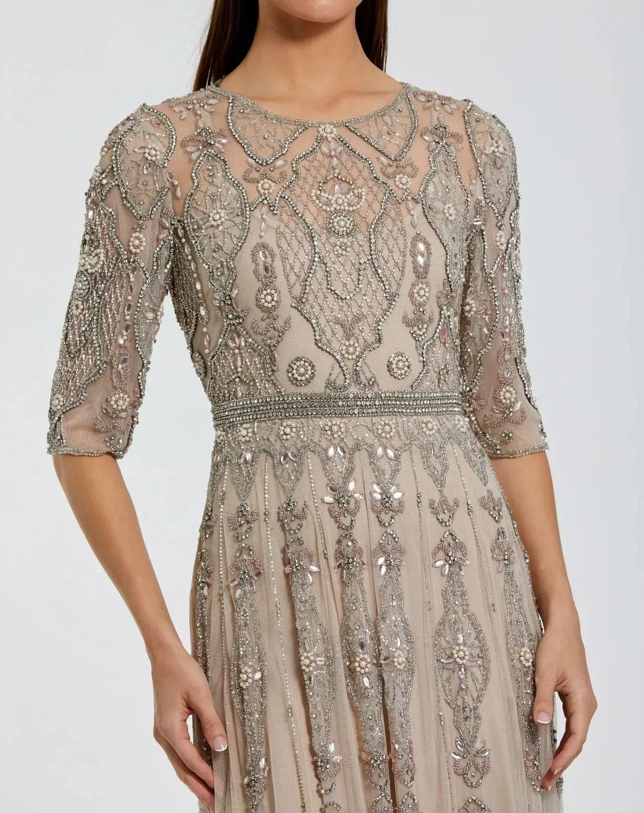 3/4 Sleeve Embellished A-Line Gown
