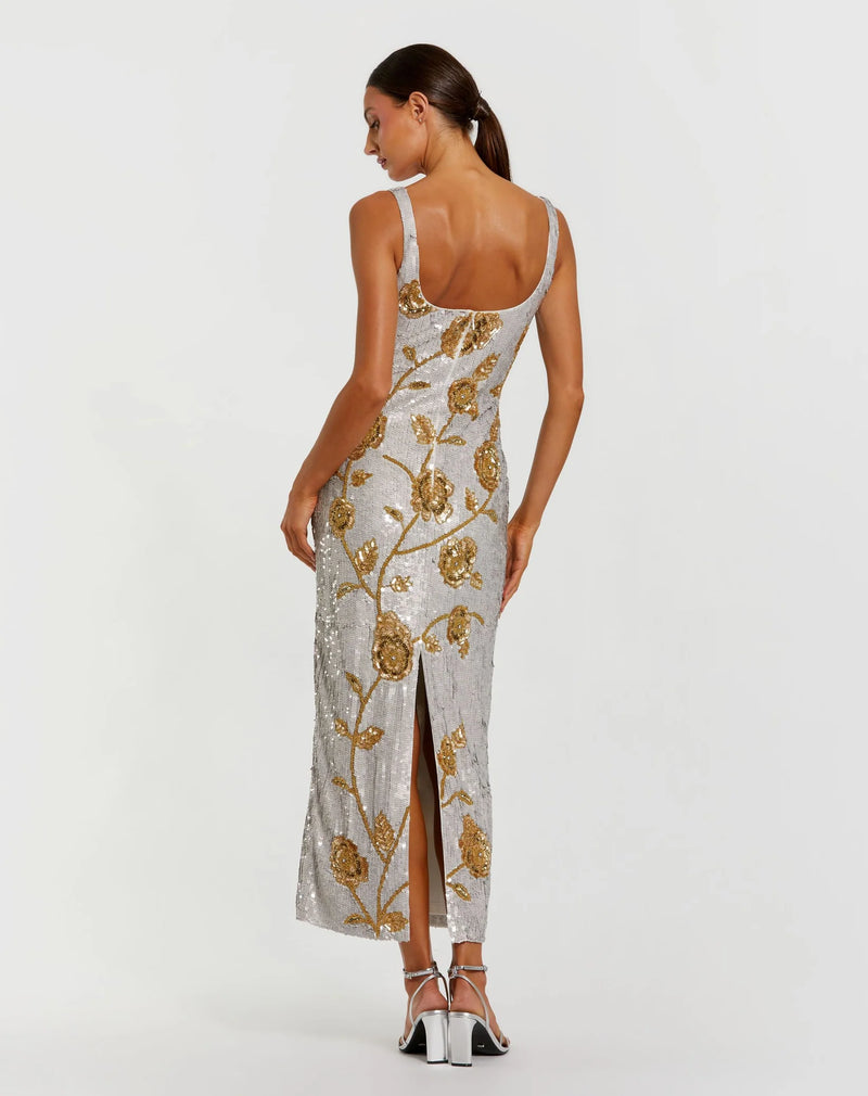 Mac Duggal Silver Sleeveless Sequin Dress With Gold Floral Detail  #10119