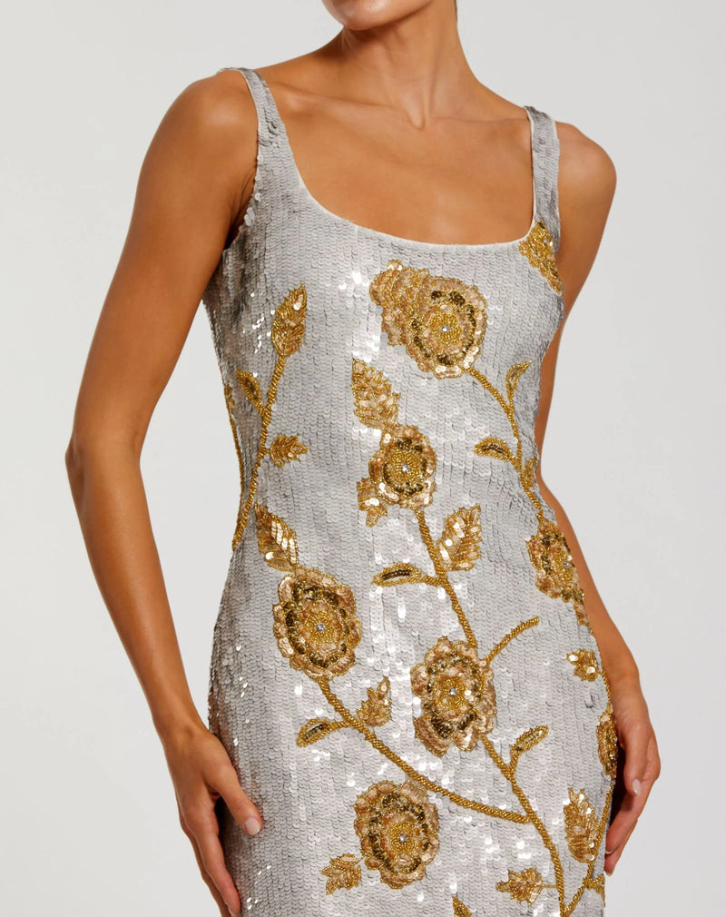 Mac Duggal Silver Sleeveless Sequin Dress With Gold Floral Detail  #10119