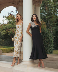 Mac Duggal Black Crepe One Shoulder Midi Dress With Flower #13221