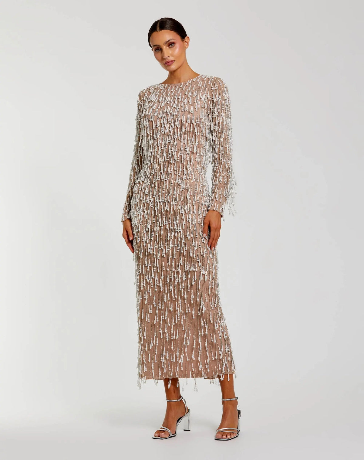 Beige Long Sleeve Midi Dress With Embellished Fringe