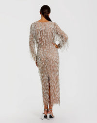 Beige Long Sleeve Midi Dress With Embellished Fringe - Back