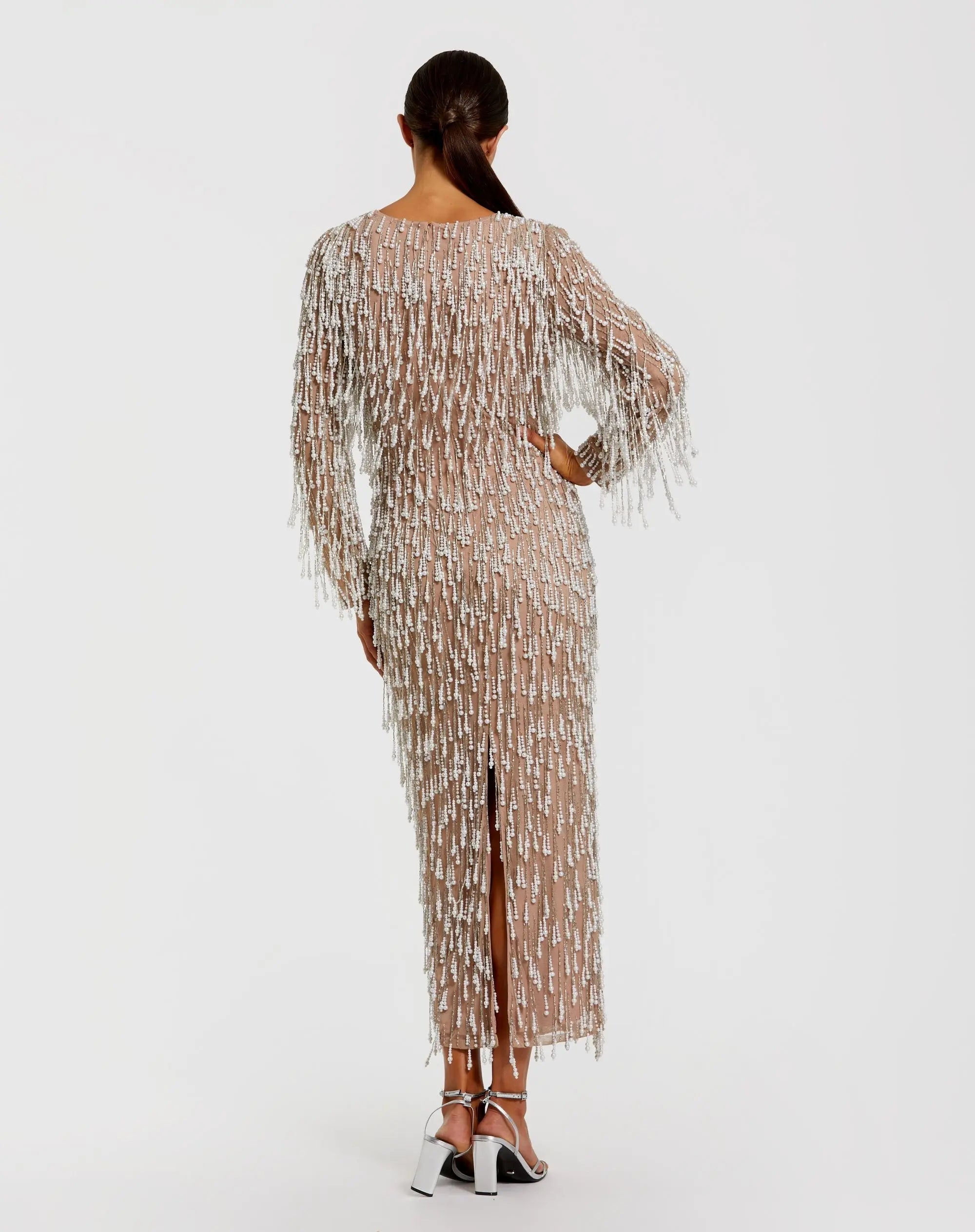 Beige Long Sleeve Midi Dress With Embellished Fringe - Back