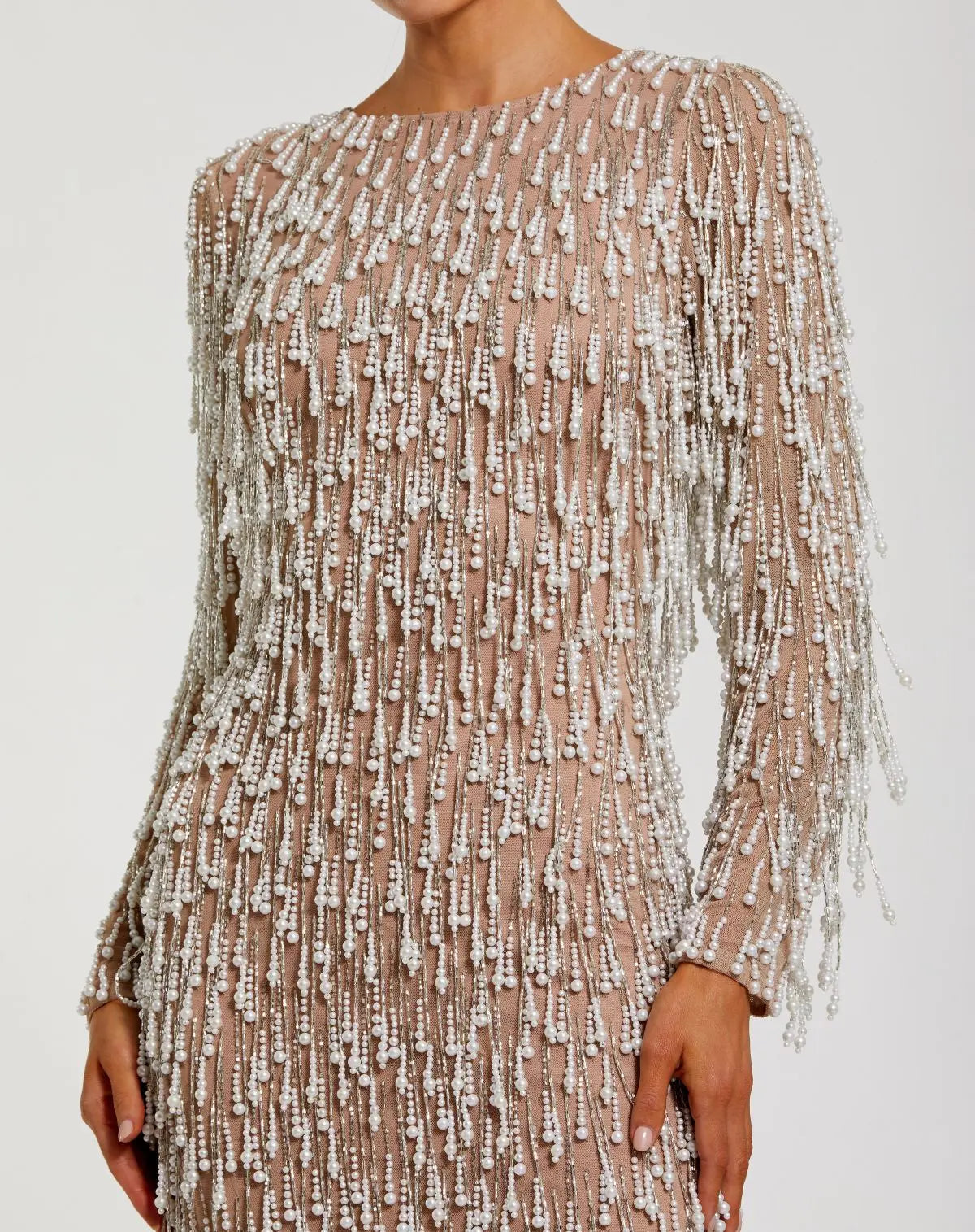 Beige Long Sleeve Midi Dress With Embellished Fringe - Close Up