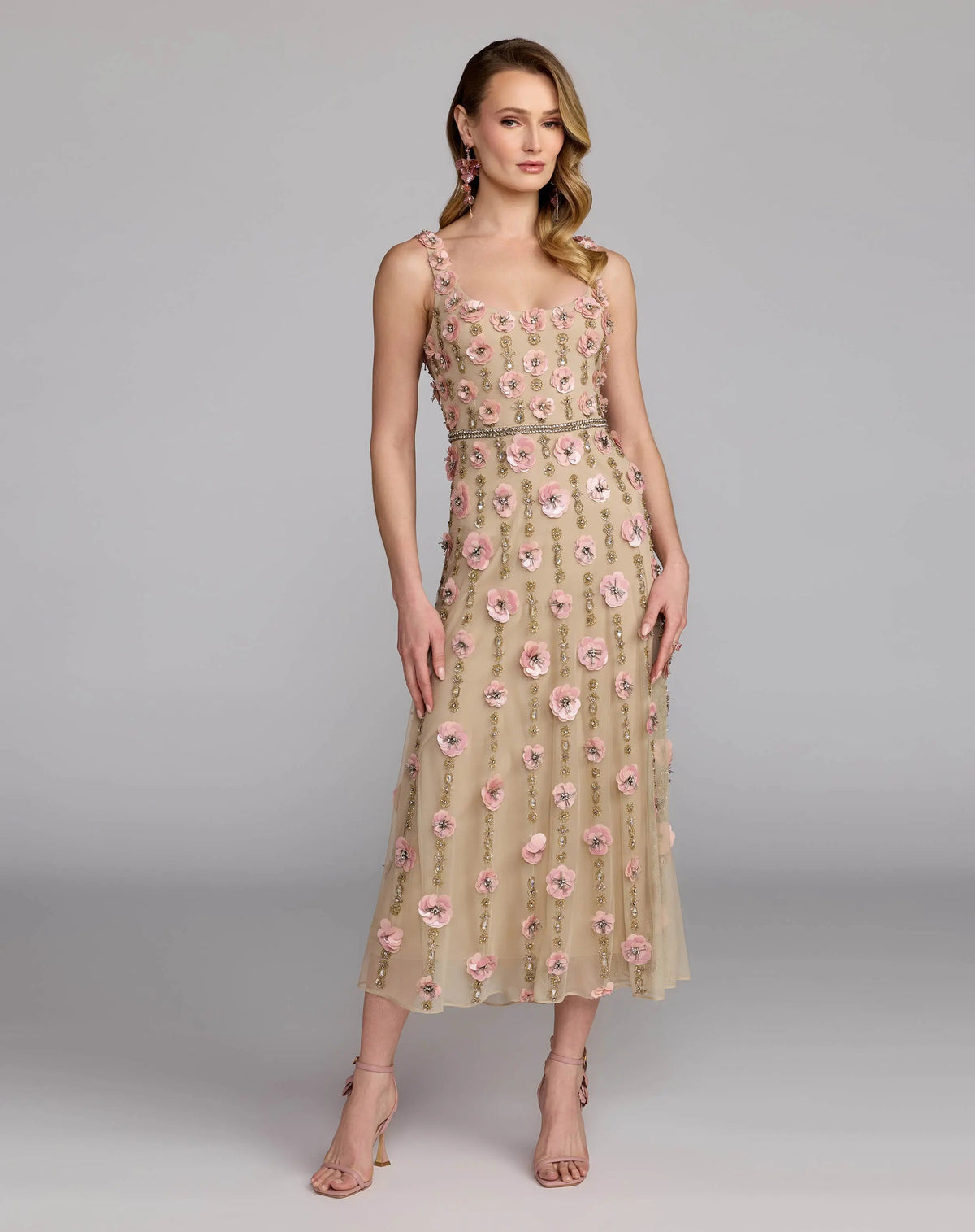 Mac Duggal #10127 Scoop Neck Embellished Midi Dress Nude Rose