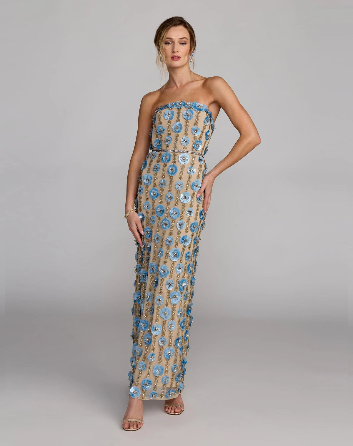 Mac Duggal Beige Strapless 3D Floral Embellished Dress #10128 Nude Blue 