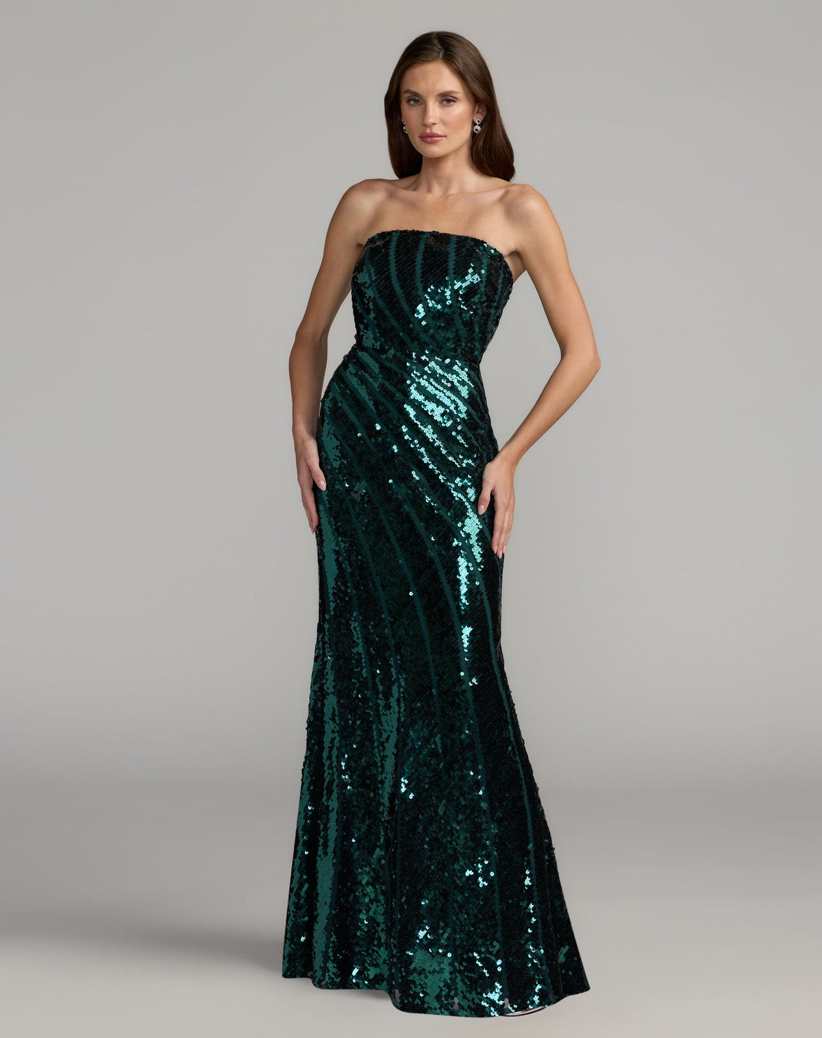 Mac Duggal #10130 deep green strapless sequin trumpet gown