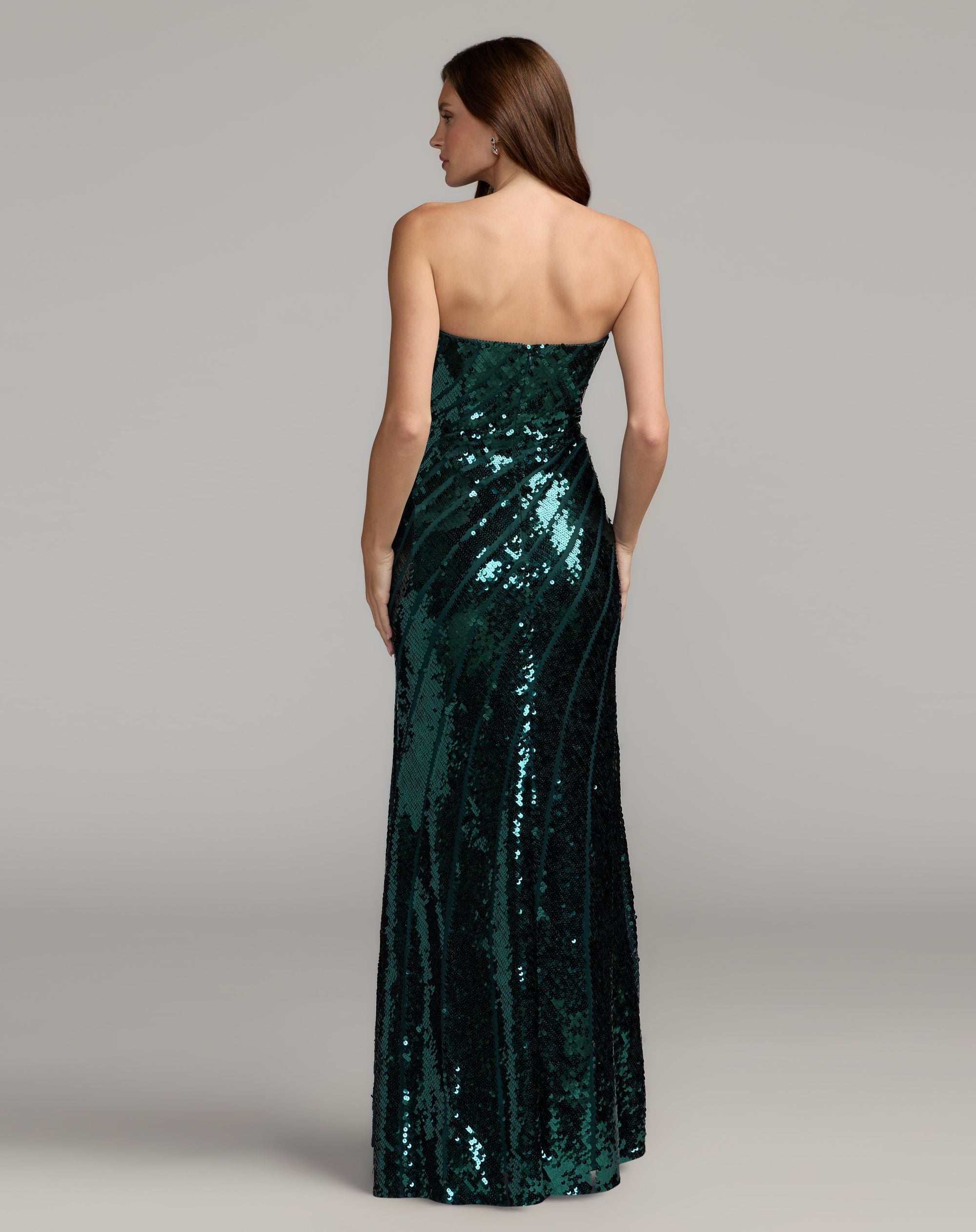 Mac Duggal #10130 deep green strapless trumpet gown back view