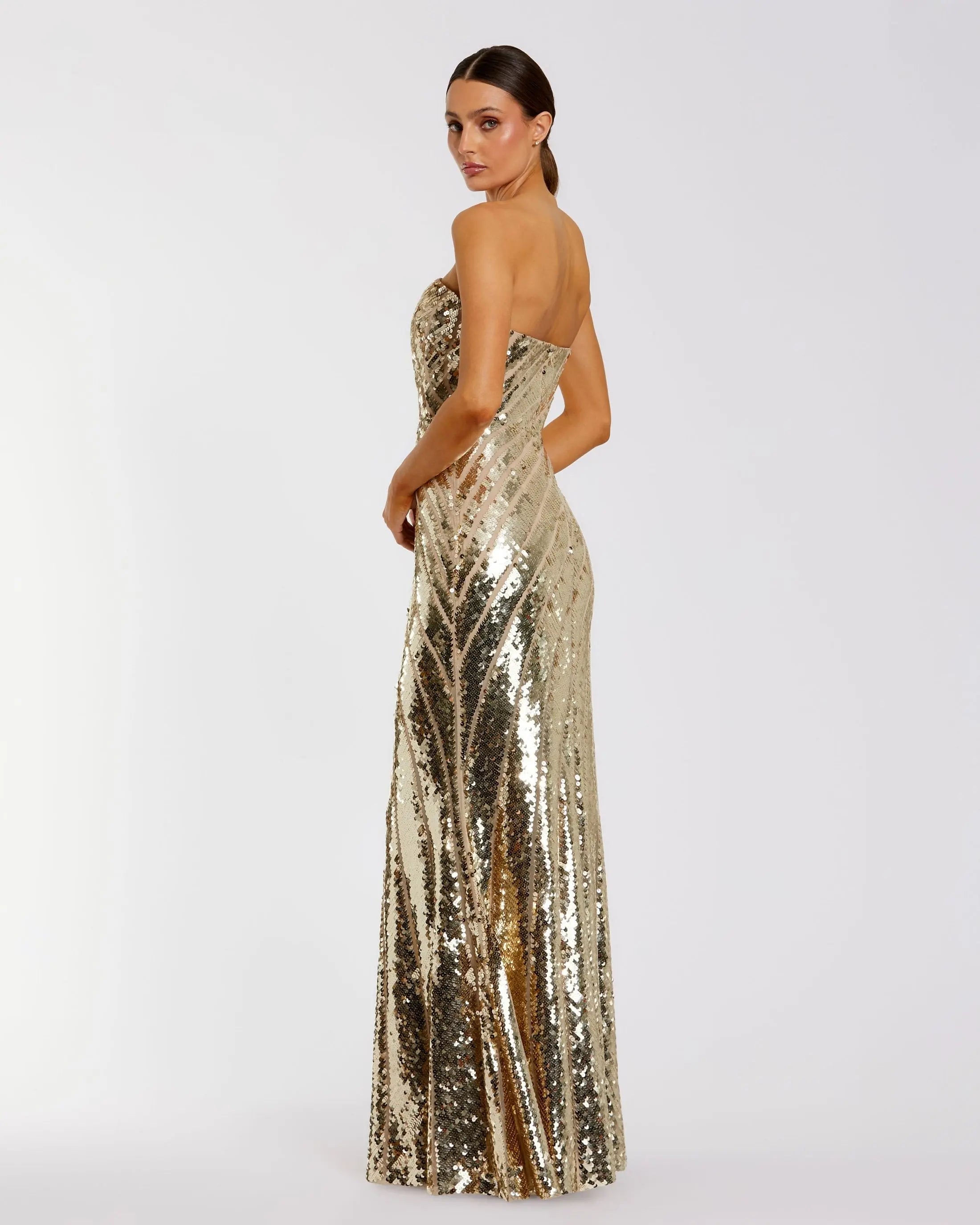 Gold Strapless Sequin Trumpet Gown - back