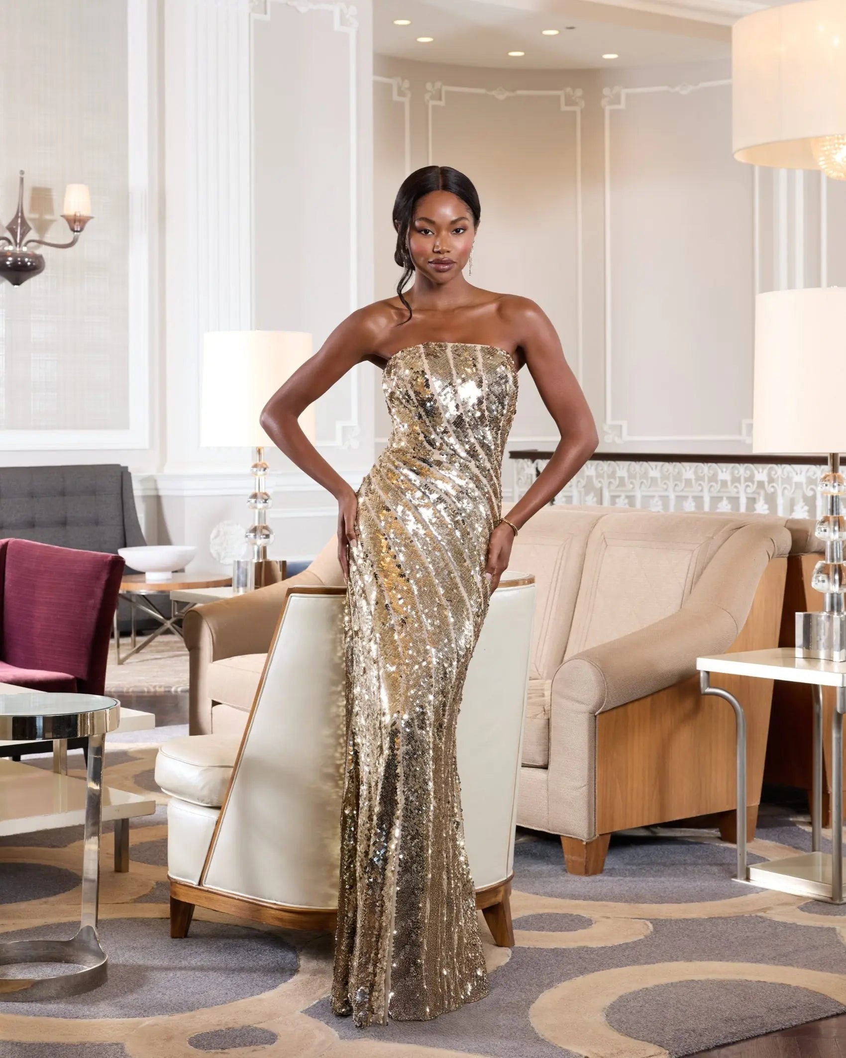 Gold Strapless Sequin Trumpet Gown - lifestyle