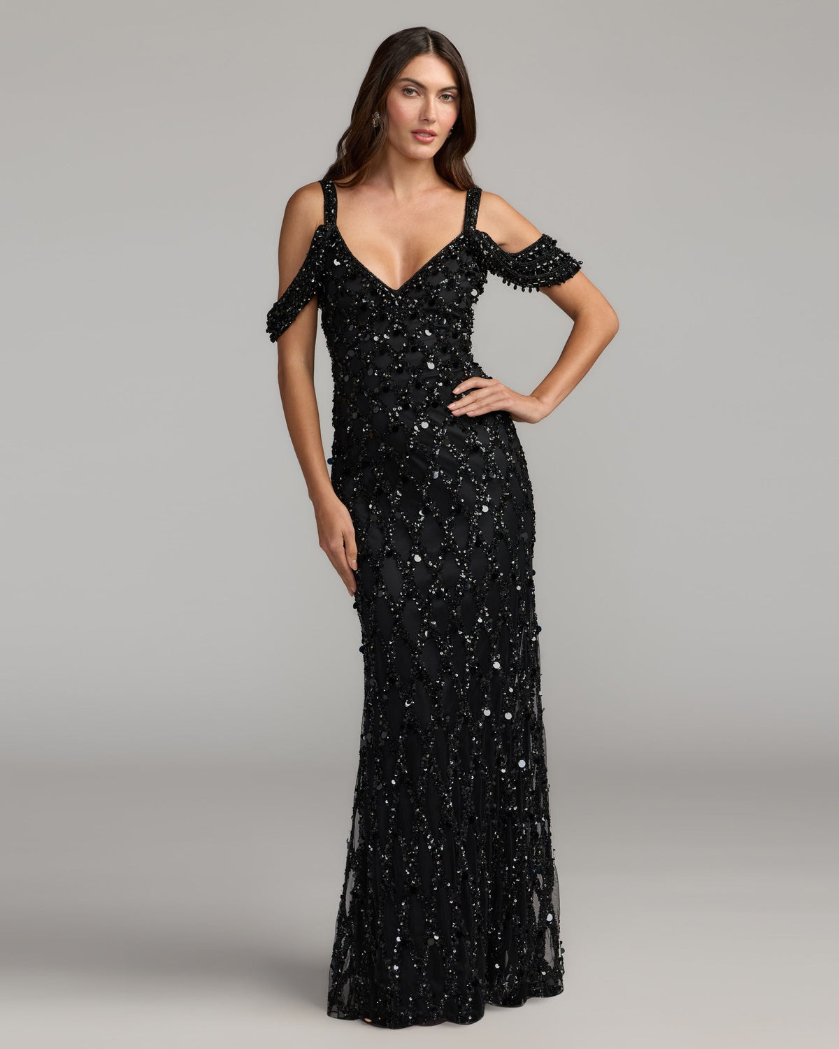 Mac Duggal #10139 black sequin embellished v-neck gown