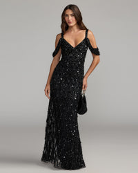 Mac Duggal #10139 black sequin embellished v-neck gown close-up