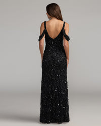 Mac Duggal #10139 black sequin embellished v-neck gown back view