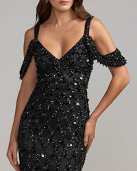 Mac Duggal #10139 black sequin embellished v-neck gown close-up