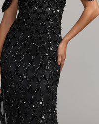 Mac Duggal #10139 black sequin embellished v-neck gown close-up