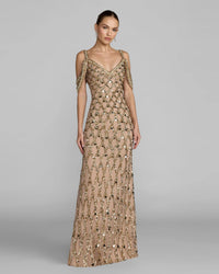 Mac Duggal Gold Beaded Mesh Off The Shoulder Column Gown #10139