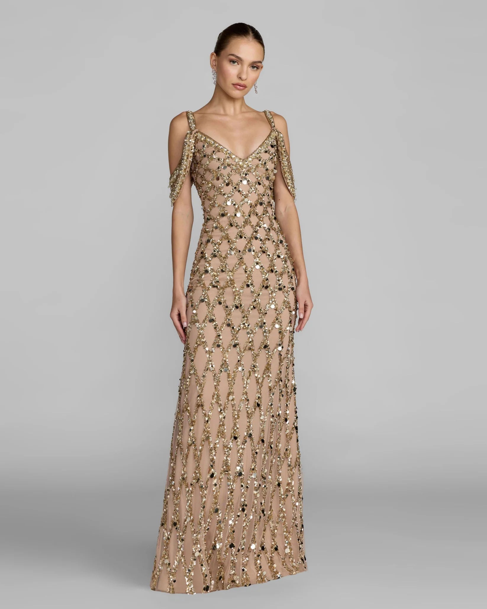 Mac Duggal Gold Beaded Mesh Off The Shoulder Column Gown #10139