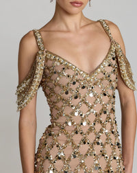 Gold Beaded Mesh Off The Shoulder Column Gown