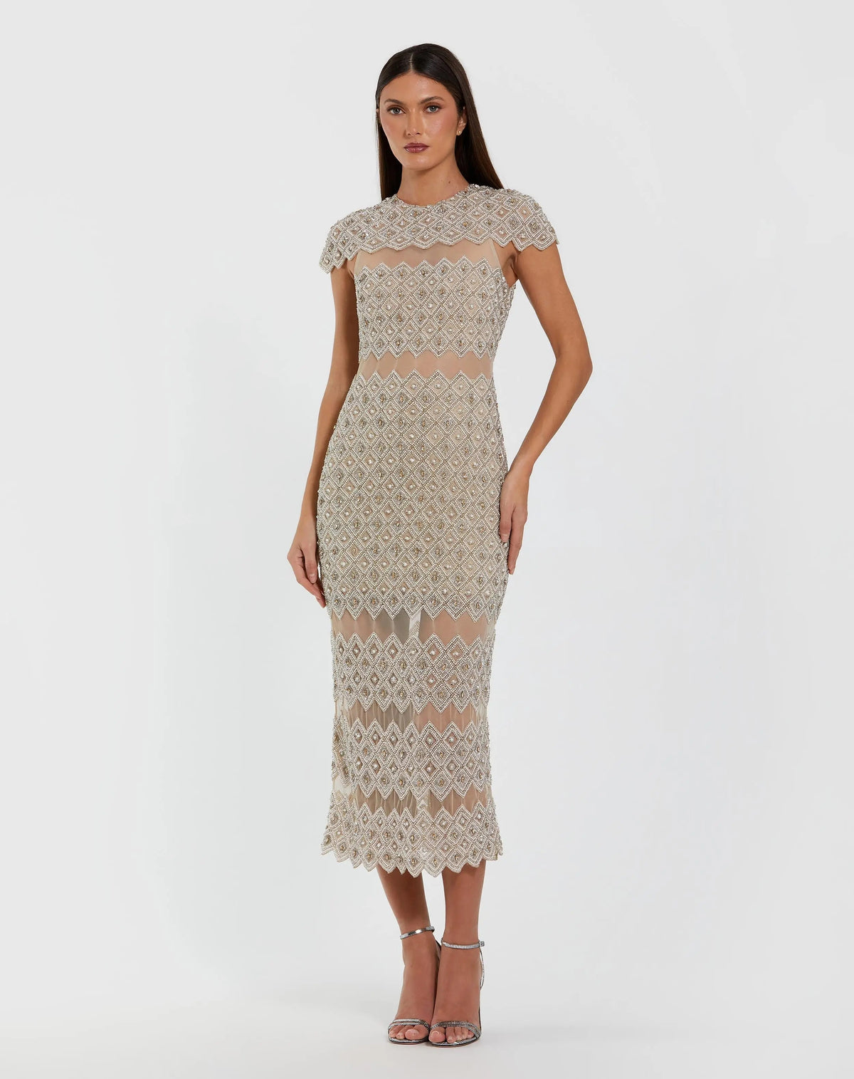 Mac Duggal 10147 beige embellished mesh fitted midi dress with sheer panels — front