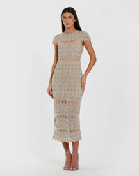 Mac Duggal 10147 beige embellished mesh fitted midi dress with sheer panels — front