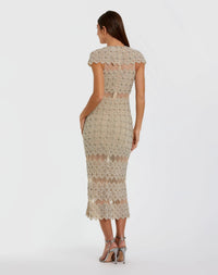 Mac Duggal 10147 beige embellished mesh fitted midi dress — back