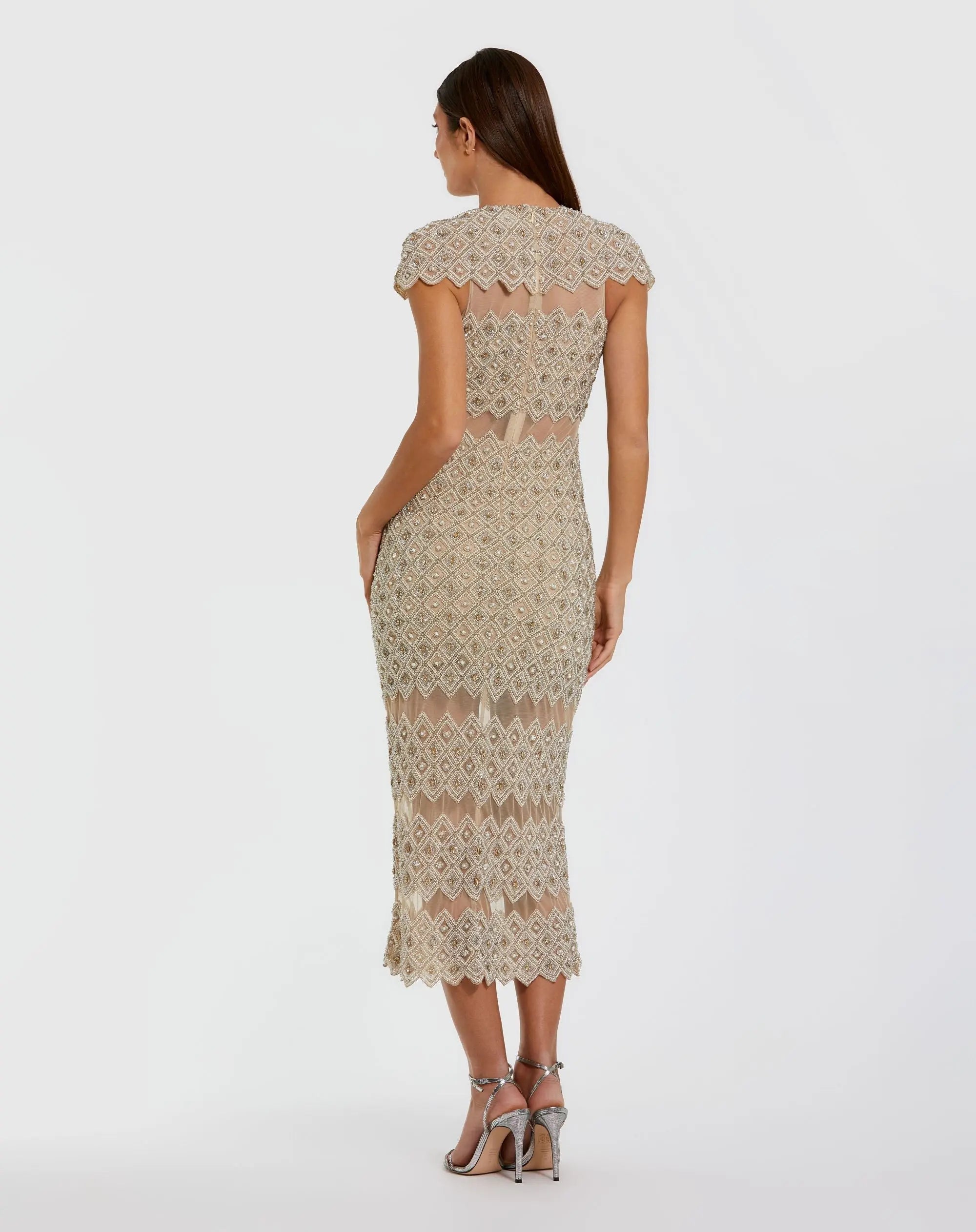 Mac Duggal 10147 beige embellished mesh fitted midi dress — back