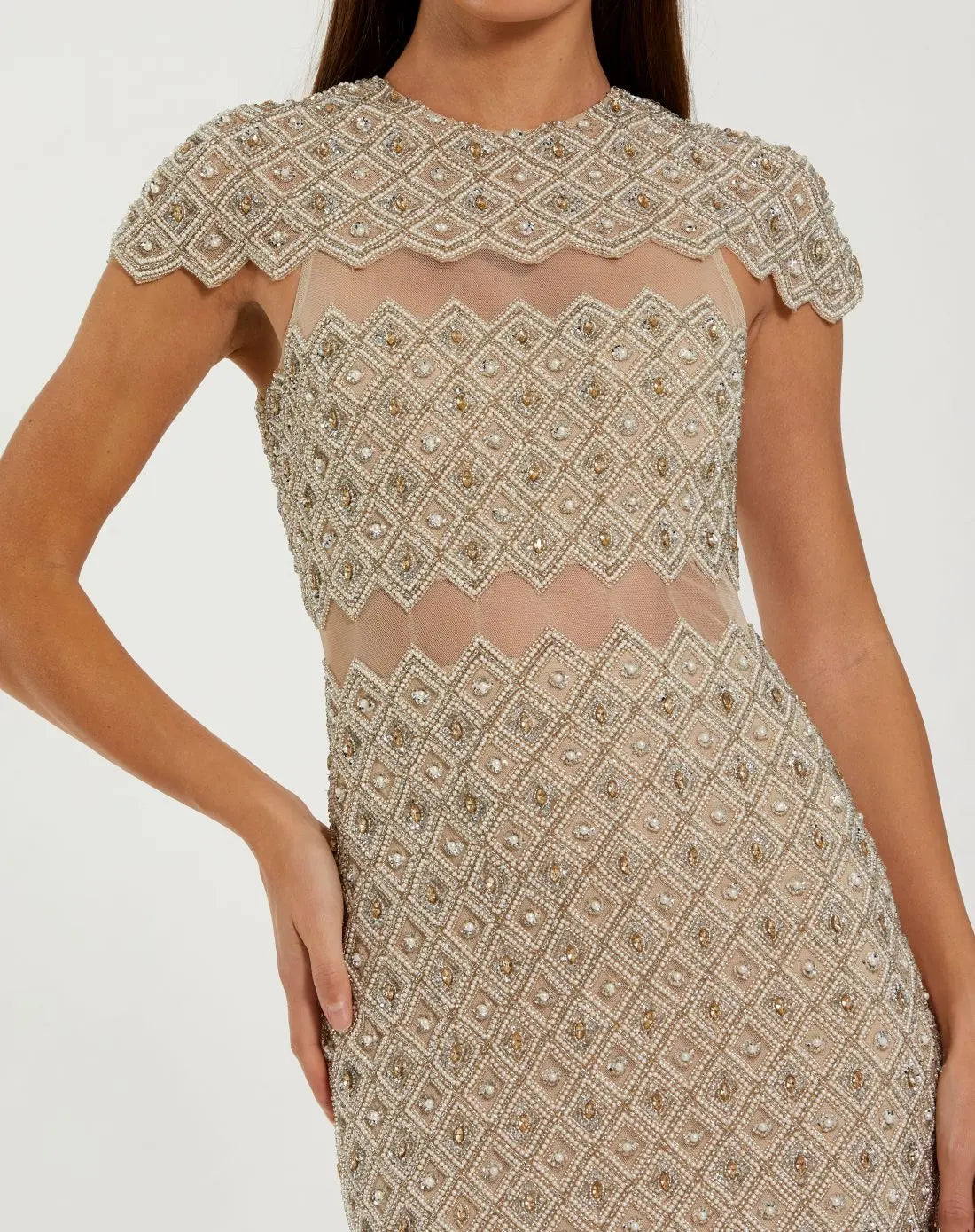 Mac Duggal 10147 beige embellished mesh fitted midi dress — detail