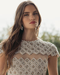 Mac Duggal 10147 beige embellished mesh fitted midi dress — lifestyle detail
