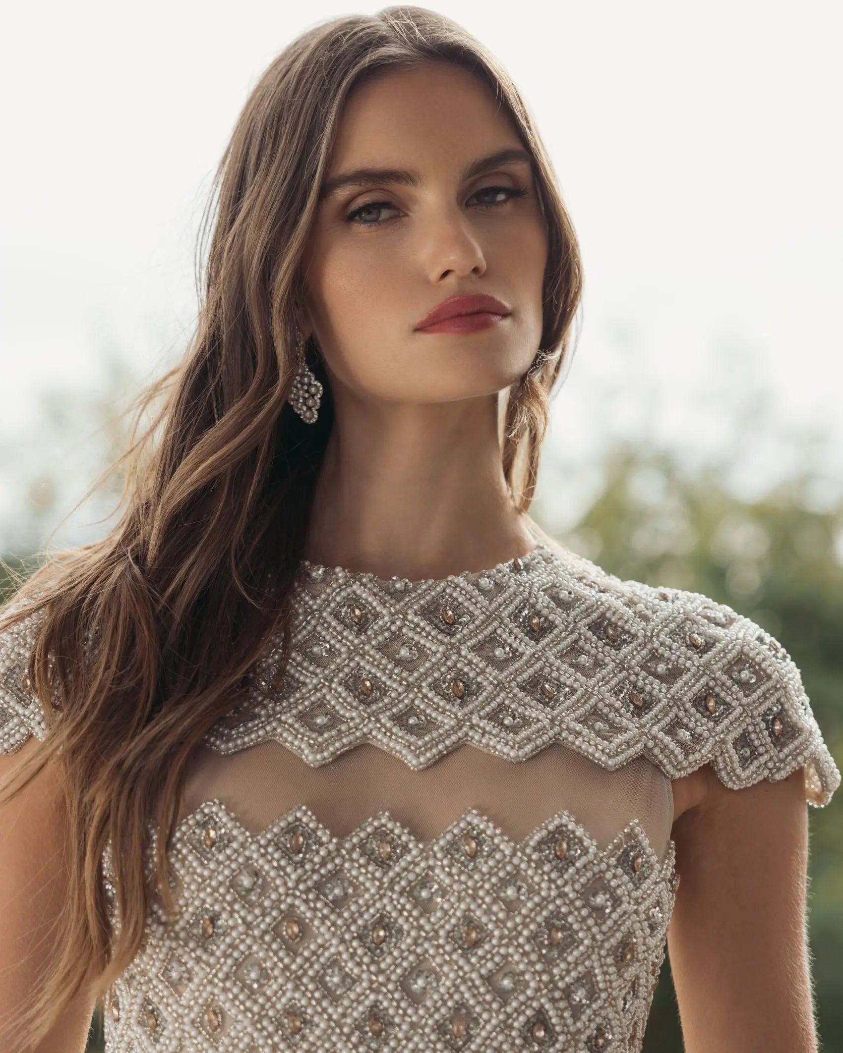Mac Duggal 10147 beige embellished mesh fitted midi dress — lifestyle detail