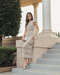 Mac Duggal 10147 beige embellished mesh fitted midi dress — lifestyle