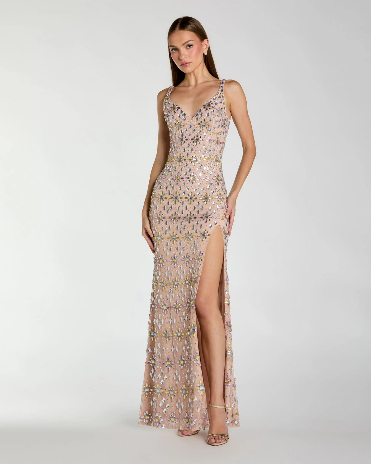 Mac Duggal 10155 Light Rose crystal embellished column gown with slit - Front
