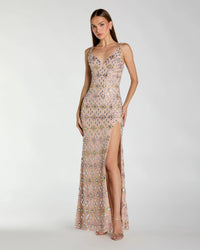 Mac Duggal 10155 Light Rose crystal embellished column gown with slit - Front